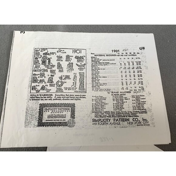 Vintage Simplicity Pattern 1901 Patsy 16" Dolls Dress & Accessories 1930s - Picture 2 of 4